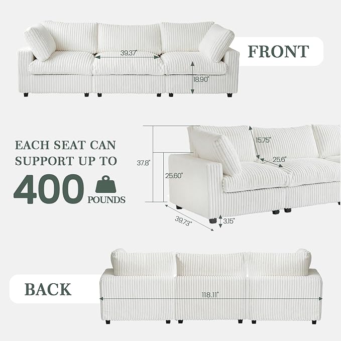 Modern Modular Sectional Sofa, 118.11" Oversized Cloud Sectional Couch, 3 Seat Comfy Modular Couches for Living Room, Plush Couch Cushion Covers Removable, Beige