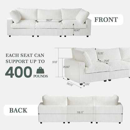 Modern Modular Sectional Sofa, 118.11" Oversized Cloud Sectional Couch, 3 Seat Comfy Modular Couches for Living Room, Plush Couch Cushion Covers Removable, Beige