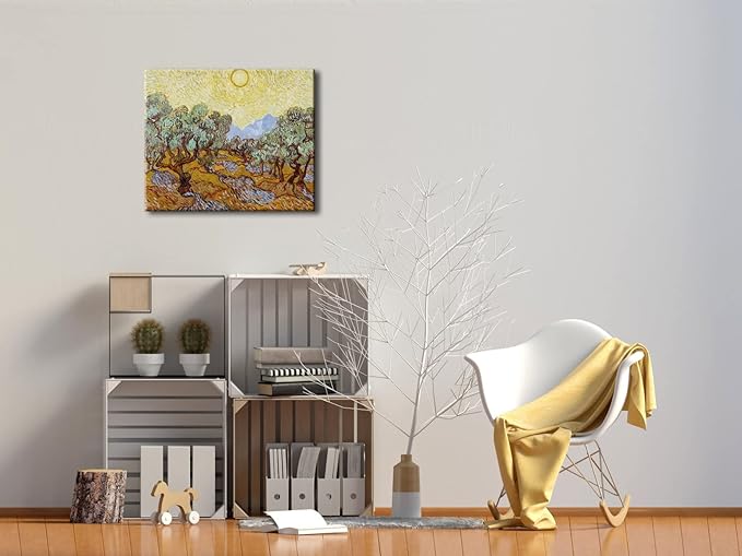 Wieco Art Olive Trees with Yellow Sky and Sun Canvas Print of Vincent Van Gogh Famous Oil Paintings Reproduction Classic Pictures Artwork Canvas Prints Wall Art for Home Decorations