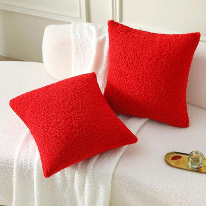 FUTEI Christmas Red Throw Pillow Covers 22x22 Inch Set of 2,Furry Faux Fur Teddy Boucle Textured Cushion Covers,Soft Fluffy Decorative Pillow Case,Home Decor for Couch Bed Living Room Office Car