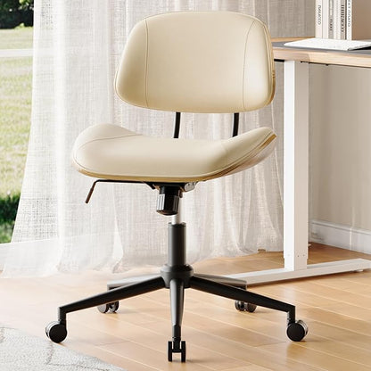 Armless Office Chair with Wheels, PU Leather Adjustable Height Desk Chair - 360° Swivel Ergonomic Computer Chair for Small Space, Modern Walnut Style, Home & Meeting Room, Beige