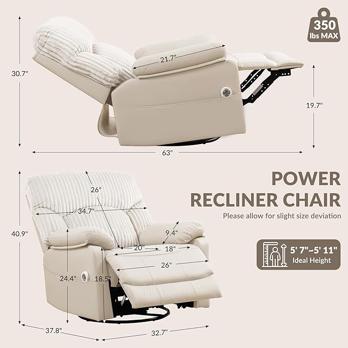 Power Swivel Rocker Recliner Chair with Massage and Heat for Adults, Electric Infinite Position Recliner with USB Charging Port, Corduroy and PU Leather Mixed Fabric, Easy Assembly (Ivory)