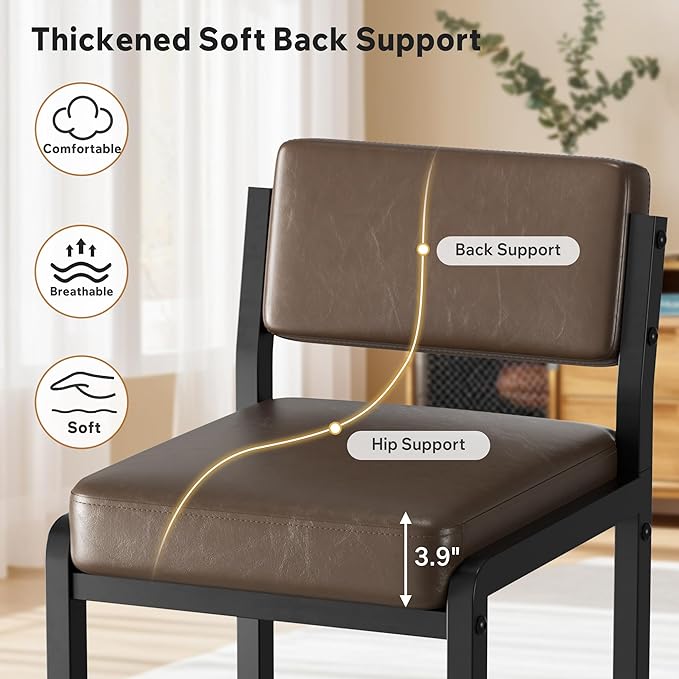 Bar Stools Set of 2, Faux Leather Counter Height Bar Stools with High Back and Metal Legs, Upholstered Bar Chairs, 26" Modern Barstools for Kitchen Island, Dark Brown