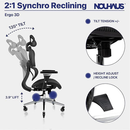 Nouhaus Ergo3D Ergonomic Office Chair Lumbar Support Mesh Office Chair with 4D Adjustable Armrest, Adjustable Headrest and Wheels, Mesh High Back Home Office Desk Chairs(Black)