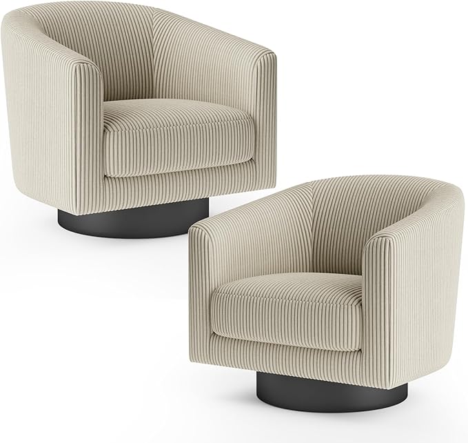 360° Swivel Accent Chairs Set of 2, Modern Bucket Chair, Corduroy Barrel Armchair, Comfy Boucle Chair, Single Sofa for Living Room Bedroom. Camel