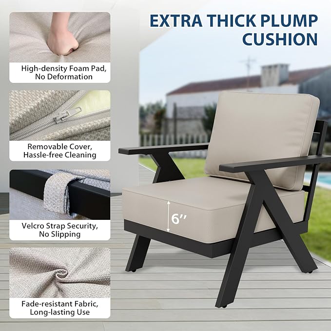 COOS BAY Iron Luxe Modern Outdoor Patio Chairs Set of 2, Lounge Accent Chairs for Backyard, Deck, Porch, Garden, Black/Beige