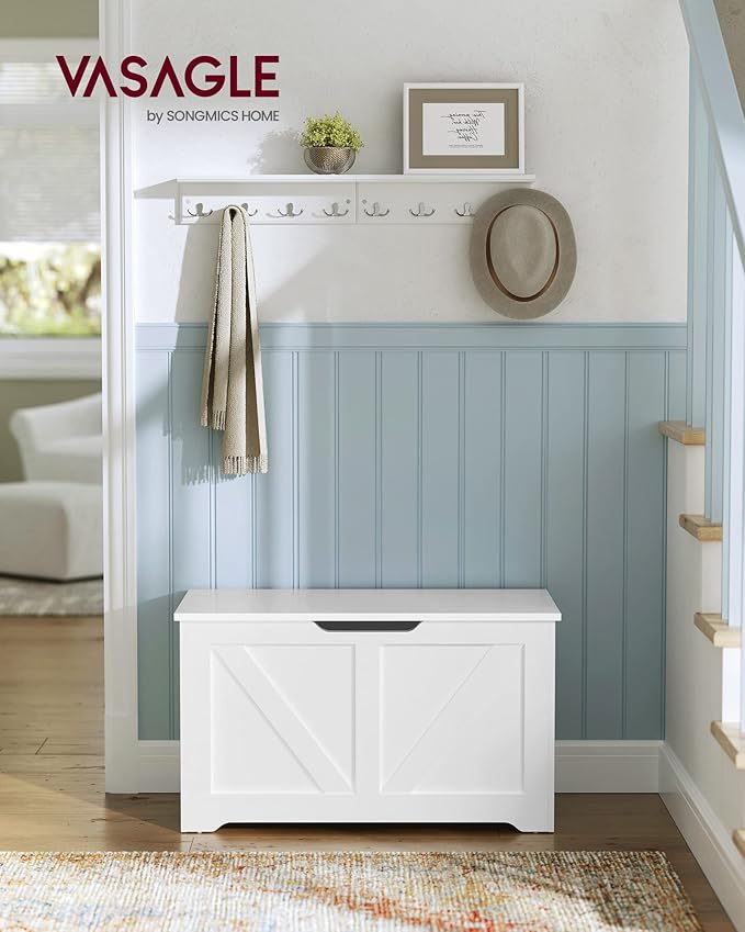 VASAGLE Storage Chest, Storage Trunk with 2 Safety Hinges, Storage Bench, Shoe Bench, Farmhouse Style, 15.7 x 31.5 x 18.1 Inches, for Entryway, Bedroom, Living Room, Cloud White ULSB062T14