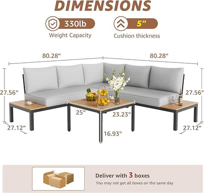NATURAL EXPRESSIONS Patio Furniture Sets, L Shape Patio Sectional Metal Outdoor Sectional Corner Sofa Outdoor Couch with Detachable Backrest,3 Fauxwood Tables,5” Grey Olefin Cushions