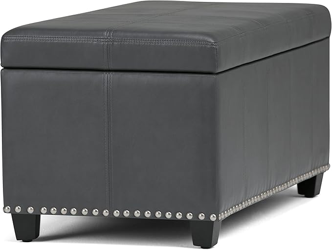 SIMPLIHOME Amelia 33 inch Wide Transitional Rectangle Storage Ottoman Bench in Stone Grey Vegan Faux Leather, Assembled, For the Living Room, Entryway and Family Room