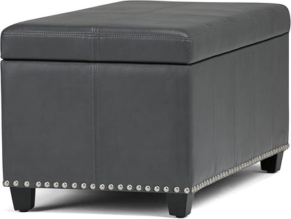 SIMPLIHOME Amelia 33 inch Wide Transitional Rectangle Storage Ottoman Bench in Stone Grey Vegan Faux Leather, Assembled, For the Living Room, Entryway and Family Room