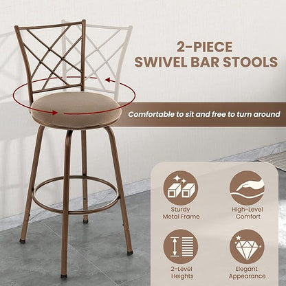 COSTWAY Bar Stools for Kitchen Island, 24/30 Inch Adjustable Seat Height Swivel Barstools, Plush Fabric Cushioned Seat & Cozy Backrest, Extra Leg Tubes for Height Adjustment, for Kitchen, Bar (2)