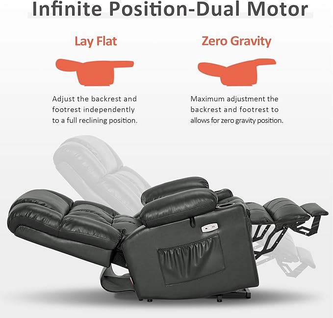 MCombo Dual Motor Power Lift Recliner Chair for Elderly, Lay Flat Lift Chair with Heat and Massage, Cup Holders, USB Ports, Faux Leather 7890 (Grey, Medium)