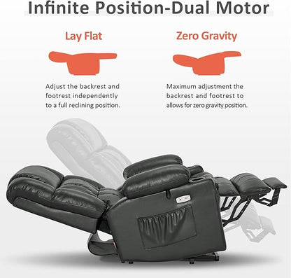 MCombo Dual Motor Power Lift Recliner Chair for Elderly, Lay Flat Lift Chair with Heat and Massage, Cup Holders, USB Ports, Faux Leather 7890 (Grey, Medium)