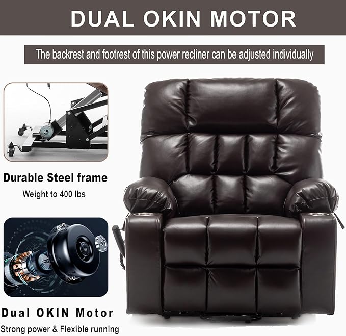 Large Power Lift Recliner Chair with Massage and Heat for Elderly,Overstuffed Wide Recliners,Breathable Leather with 2 Cup Holders,Dual OKIN Motor,Recline up to 180 Degrees