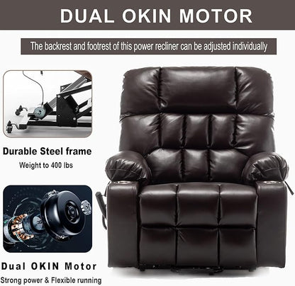 Large Power Lift Recliner Chair with Massage and Heat for Elderly,Overstuffed Wide Recliners,Breathable Leather with 2 Cup Holders,Dual OKIN Motor,Recline up to 180 Degrees