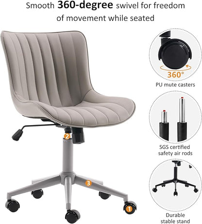 YOUNIKE Home Office Desk Chair with Wheels Armless Vanity Chair with Back Comfy Modern Leather Upholstered Rolling Task Chair Swivel Small Cute Sewing Chair No Arms Wide Adjustable Ergonomic Grey