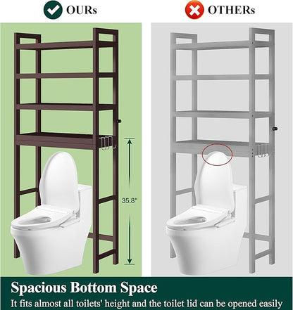 Smiry Over The Toilet Storage Cabinet, 4-Tier Bamboo Bathroom Organizers with Adjustable Shelf & 4 Hooks, Space Saving Shelf Rack for Bathrooms, Laundry Room, Balcony, Brown