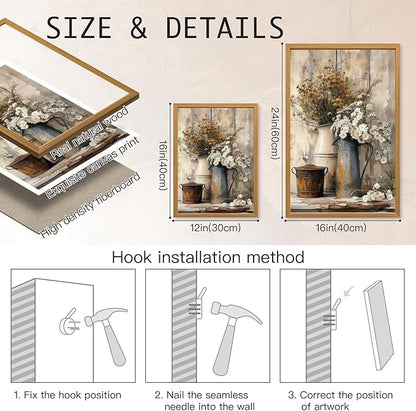 HLXRAE Rustic Farmhouse Bathroom Wall Art, Vintage Country Floral Still Life Wall Decor, White Daisy Canvas Painting, Shabby Chic Flower Poster Print for Bedroom Kitchen Wood Framed 16x24 inch
