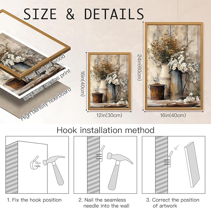 HLXRAE Rustic Farmhouse Bathroom Wall Art, Vintage Country Floral Still Life Wall Decor, White Daisy Canvas Painting, Shabby Chic Flower Poster Print for Bedroom Kitchen Wood Framed 12x16 inch