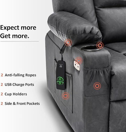 MCombo Large Power Lift Recliner Chair Sofa with Massage and Heat for Big and Tall Elderly People, 3 Positions, Cup Holders, and USB Ports, Faux Leather 7539 (Large, Dark Grey)