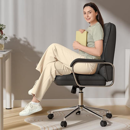 Black Leather Office Desk Chair, Swivel Computer Home Office Desk Chair with Wheels and Padded Arms, Adjustable Height and Tilt