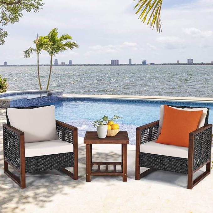 COSTWAY 3 Pieces Wicker Patio Furniture Set, Outdoor Wicker Sofa with Acacia Wood Frame, Coffee Table & Washable Cushions, Rattan Conversation Sets for Yard, Porch, Bistro, Balcony, Backyard, Beige