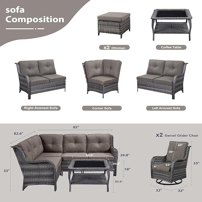 HUMMUH 8 Piece Patio Furniture PE Wikcer Outdoor Furniture Set with Sectional Sofa Swivel Patio Chairs Ottomans and Glass Coffee Table for Yard,Garden,Lawn