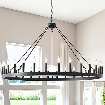 53 Inch Large Black Wagon Wheel Chandelier 30-Light Farmhouse Wagon Wheel Chandeliers Round Industrial Ceiling Light fixtures for Outdoor Porch high Ceilings Living Dining Room Foyer Entryway
