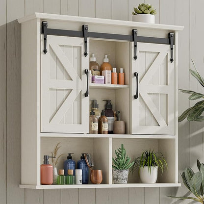 Vabches Bathroom Wall Cabinet, Farmhouse Medicine Cabinet with Double Sliding Barn Door and Adjustable Shelves, Wooden Vintage Storage Cabinet Wall Mounted for Bathroom, Kitchen Dining, White