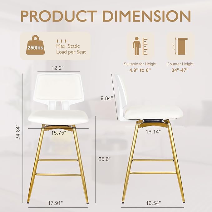 VECELO Swivel Upholstered Bar Stools Set of 2, Counter Height Barstools with Back, Metal Legs, 35.2-Inch Tall Barstools for Kitchen Island, Home Bar, Cafe, White