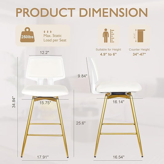 VECELO Swivel Upholstered Bar Stools Set of 2, Counter Height Barstools with Back, Metal Legs, 35.2-Inch Tall Barstools for Kitchen Island, Home Bar, Cafe, White