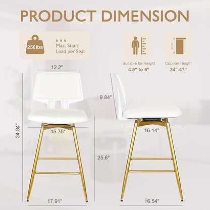 VECELO Swivel Upholstered Bar Stools Set of 4, Counter Height Barstools with Back, Metal Legs, 35.2-Inch Tall Barstools for Kitchen Island, Home Bar, Cafe, White