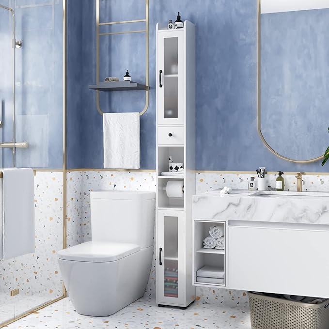 Maupvit Bathroom Storage Cabinet with 2 Frosted Glass Doors, Tall Narrow Storage Cabinet with Doors and Shelves Adjustable, Slim Bathroom Cabinet for Small Spaces, 8 Compartments (White)