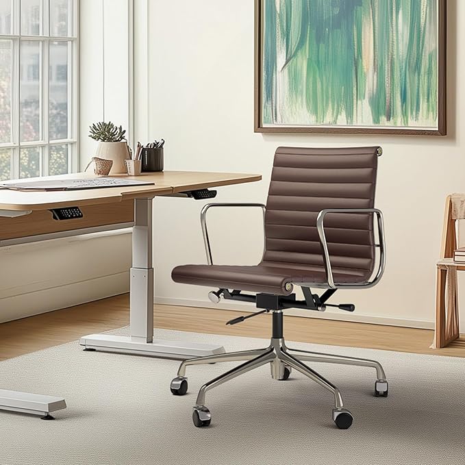 Ribbed Office Chair with Top Grain Leather - Mid Back Ergonomic Desk Chair with Aluminum Arm Rest and 5-Star Base, Swivel Chair Brown