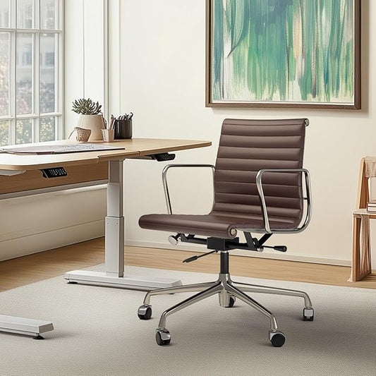 Ribbed Office Chair with Top Grain Leather - Mid Back Ergonomic Desk Chair with Aluminum Arm Rest and 5-Star Base, Swivel Chair Brown