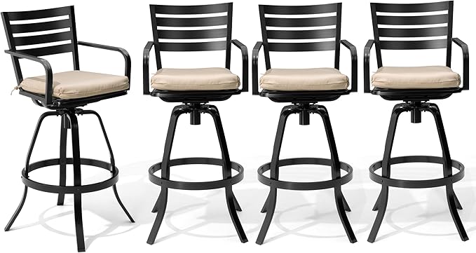 Pellebant 29.5" Sunbrella Outdoor Bar Stools Set of 2, Aluminum Swivel Patio Bar Height Bar Stools with Back & Footrest, Rust-Proof High Barstools for Deck Lawn Garden, Beige