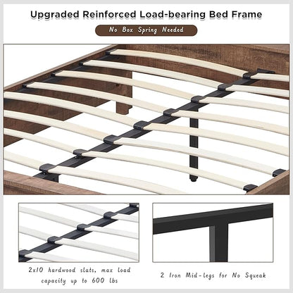 ACCOHOHO Farmhouse Queen Size Bed Frame with 52" Tall Headboard, Wood Platform Bedframe with Footboard and Storage Drawers, No Squeak, No Box Spring Needed, Light Brown