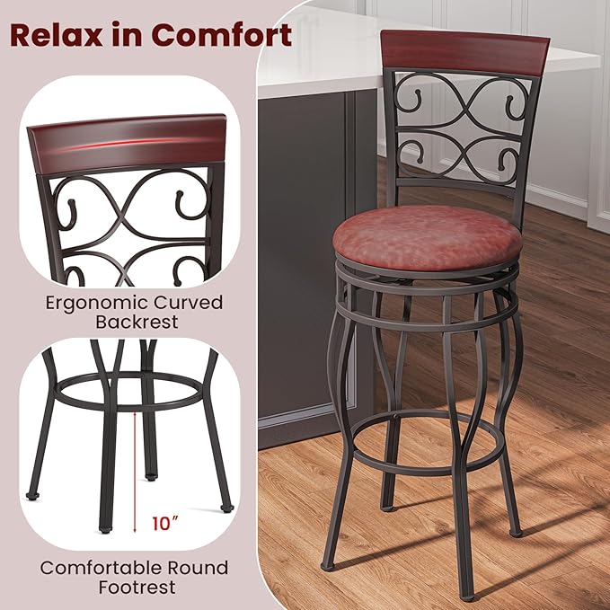 Giantex 30" Swivel Bar Stools Set of 4, Bar Height Bar Stools w/Back, Upholstered PU Leather Seat, Footrest, Max Load 330Lbs, Vintage Metal Barstools for Kitchen Island, Dining Room, Rustic Brown