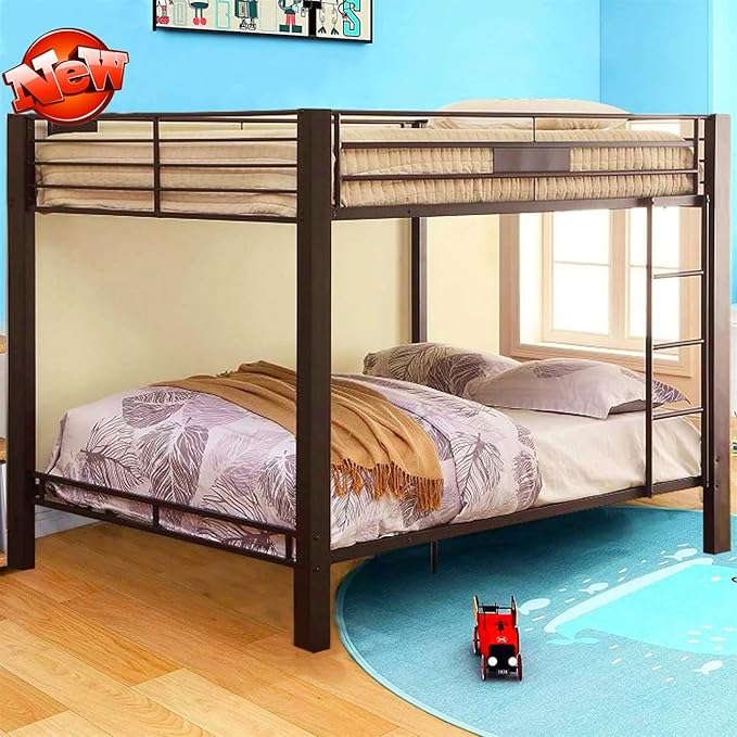 Higher Quality & Stronger Heavy Duty Industrial Style Metal Queen Over Queen Bunk Bed, Thickened More Stable Black Steel Bunkbed (Easier to Assemble)