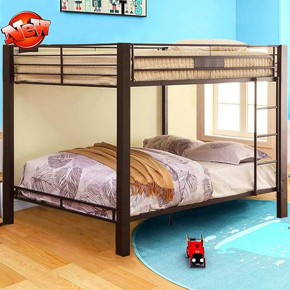 Higher Quality & Stronger Heavy Duty Industrial Style Metal Queen Over Queen Bunk Bed, Thickened More Stable Black Steel Bunkbed (Easier to Assemble)