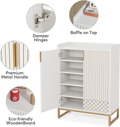 Tribesigns Shoe Cabinet with Doors, 5 Tiers Shoe Storage Cabinet for Entryway, 25 Pairs Wooden Shoe Cabinets, Modern Shoe Organizer Storage for Living Room, Bedroom, Hallway, Closet, White