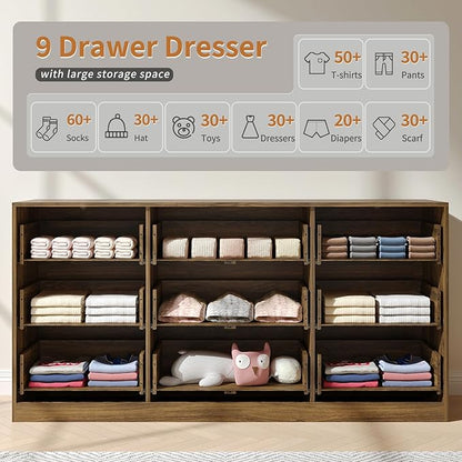 Fluted Wood Dresser for Bedroom,63” Wide 9 Drawer Dresser Mid Century Chest of Drawers Wooden with Gold Handles,Dressers TV Stand Storage Organizer for Closet,Bedroom,Living Room, Walnut