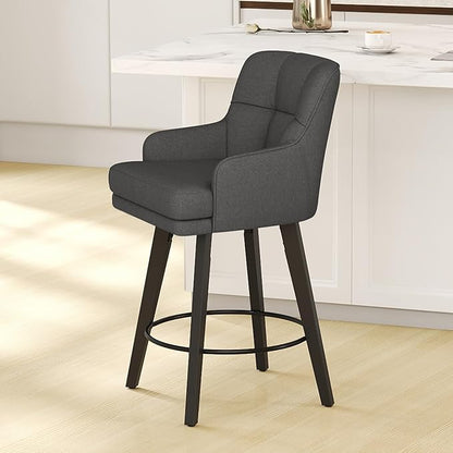 360°Swivel Counter Height Bar Stools with Back, 26 inch Solid Wood Legs, Bar Stool Modern Kitchen Island Chairs, Fabric (Black Grey- Fabric, 26" H- Set of 1)