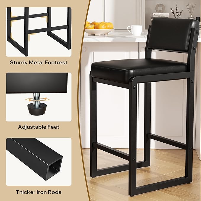 Bar Stools Set of 3, Faux Leather Counter Height Bar Stools with High Back and Metal Legs, Upholstered Bar Chairs, 26" Modern Barstools for Kitchen Island, Black