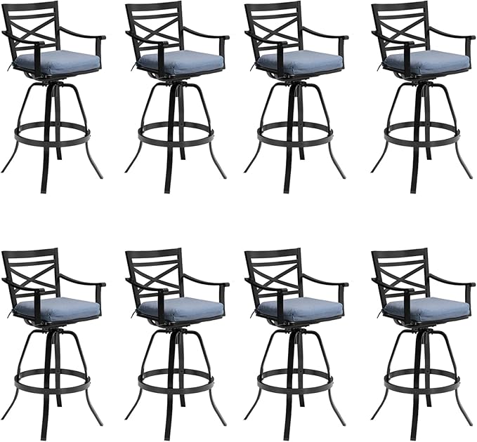 Pellebant 30" Sunbrella Outdoor Bar Stools Set of 8, Aluminum Swivel Patio Bar Height Bar Stools with Back & Footrest, for Deck Lawn Garden(Spectrum Denim)