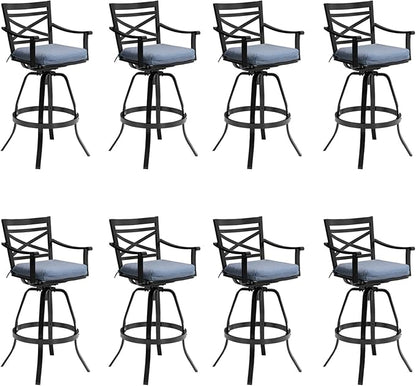 Pellebant 30" Sunbrella Outdoor Bar Stools Set of 8, Aluminum Swivel Patio Bar Height Bar Stools with Back & Footrest, for Deck Lawn Garden(Spectrum Denim)