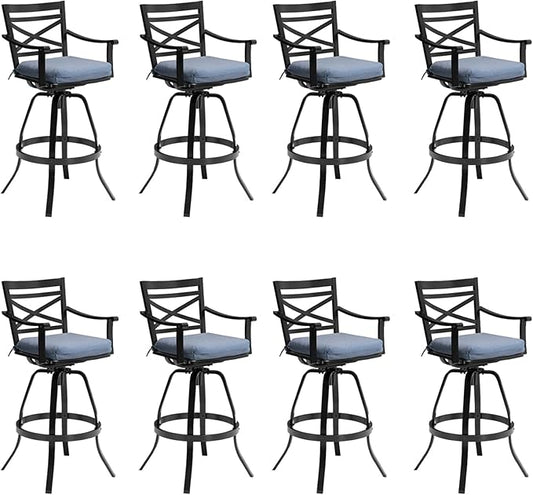 Pellebant 30" Sunbrella Outdoor Bar Stools Set of 8, Aluminum Swivel Patio Bar Height Bar Stools with Back & Footrest, for Deck Lawn Garden(Spectrum Denim)