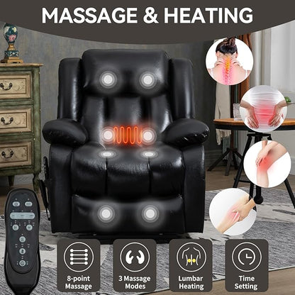 Luxlen Electric Power Lift Recliner Chair with Vibration Massage and Heat, Leather Reclining Chairs for Elderly with Remote Controls, Side Pockets, Big and Tall Recliner, Black