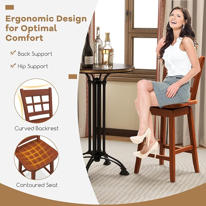 COSTWAY Swivel Bar Stools Set of 2, 24.5 Inch Counter Height Bar Chairs w/Hollow Backrest & Contoured Seat, Wooden Barstools w/Footrest for Kitchen Island, Pub, Bistro, Cafe (2, Walnut)