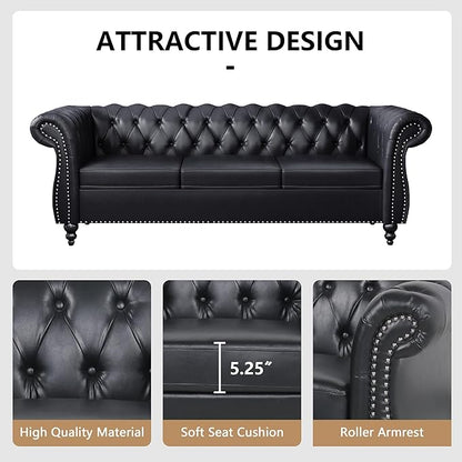 2 Piece Living Room Sofa Set, 3 Seater Faux Leather Sofa Couch and Chair Set, Mid Century Modern Upholstered Couch with Cushions, Vintage Comfy Tufted Chesterfield Couches for Bedroom, Office (Black)